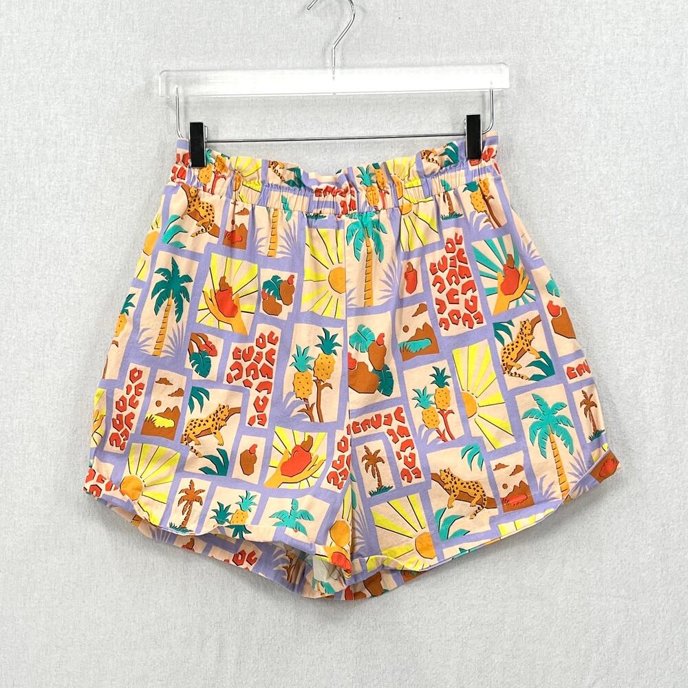 FARM RIO ANTHROPOLOGIE Patch Print Short Womens Medium Purple Peach Pull On - Picture 3 of 16